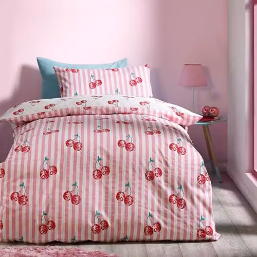 Catherine Lansfield Disco Cherries Stripes Reversible Single Duvet Cover and Pillowcase Set in Pink and White, Duvet Cover: 135 x 200 cm, Pillowcase: 50 x 75 cm – 1