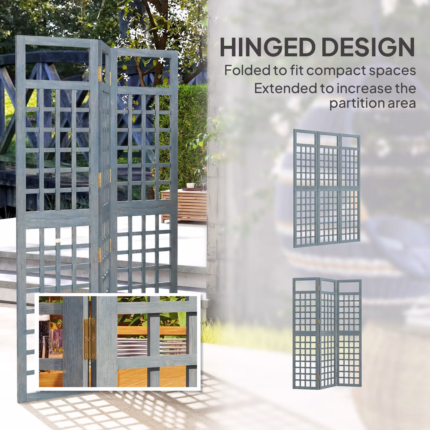 Outsunny 3-Panel Grey Wooden Garden Privacy Screen, Freestanding Foldable Outdoor Divider and Trellis, H: 170 cm, W: 120 cm, D: 3 cm – 5