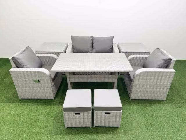 Fimous Light Grey PE Wicker Rattan Garden Furniture Set with 6 Seater Sofa, Reclining Chairs, Rectangular Dining Table, 2 Small Stools and 2 Side Tables