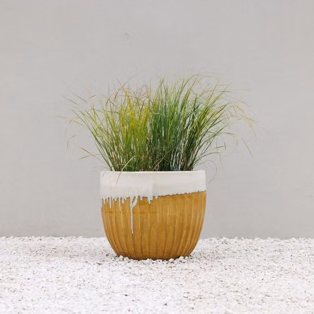 Primrose Ribbed Textured Glazed Round Clay Patio Planter in Two Tone Yellow and Brown, Diameter: 45 cm