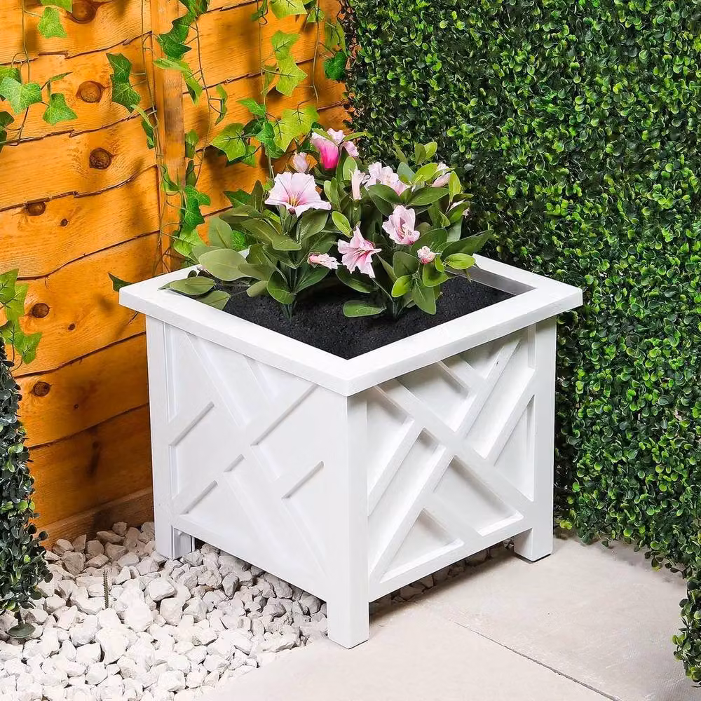 EONLION Set of 2 Lattice Design Square Planter Pots in White – 2