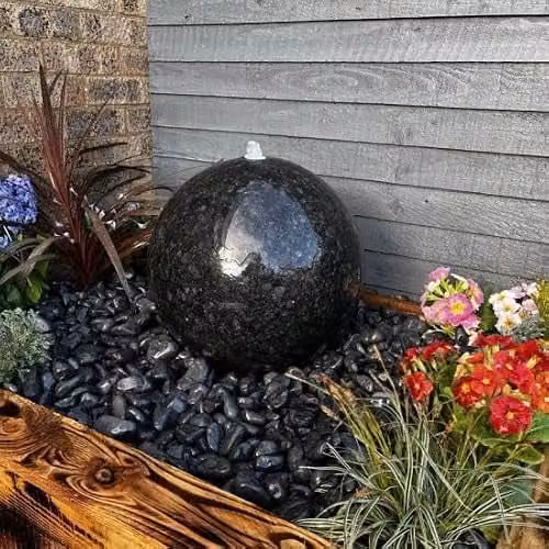 Tranquility Black Polished Granite Sphere Solar Powered Natural Stone Water Feature, Diameter: 40 cm