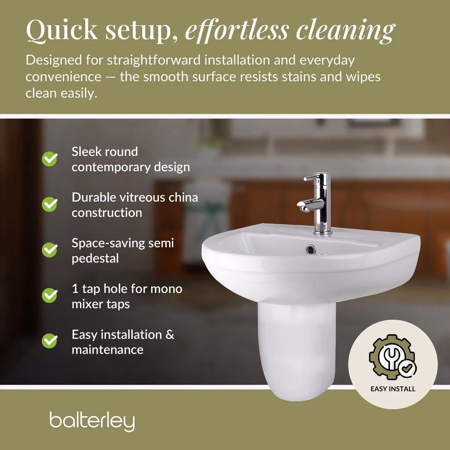 Balterley Round 1 Tap Hole Basin with Semi Pedestal, White, Width: 500 mm – 3
