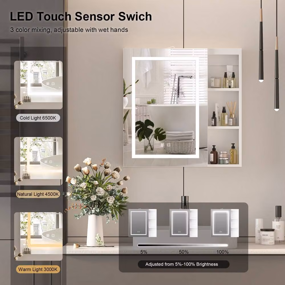 KEEPREAPER White Mirrored Bathroom Cabinet with 3-Colour LED Lighting, Shaver Socket, Demister and Open Shelf, W/H: 70 x 70 cm – 3