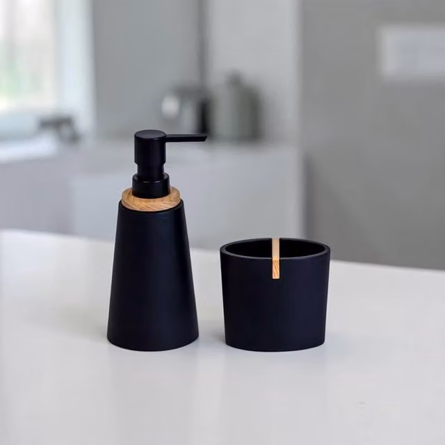 Showerdrape Sonata Bamboo Bathroom Accessory Set with Soap Dispenser and Toothbrush Holder in Black – 1