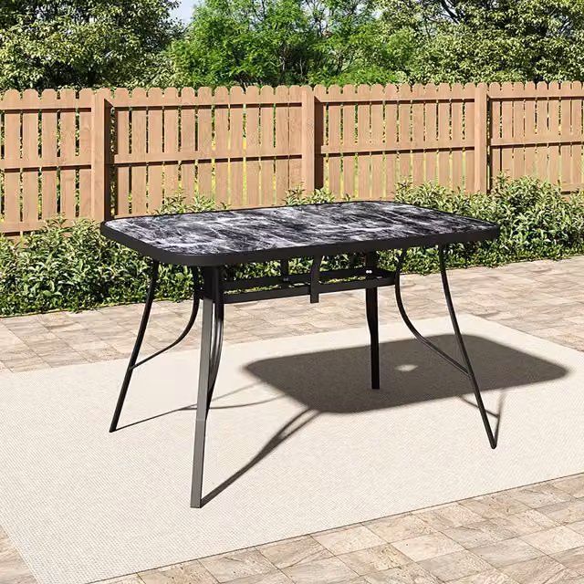 Livingandhome Rectangular Abstract Marble Tempered Glass Garden Table in Black, Width: 80 cm
