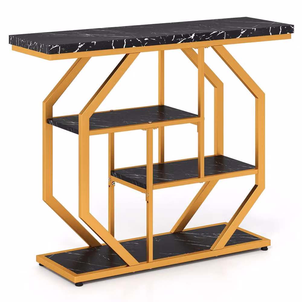 Costway Modern 4-Tier Console Table with Marble Top and Storage Shelves in Black – 6
