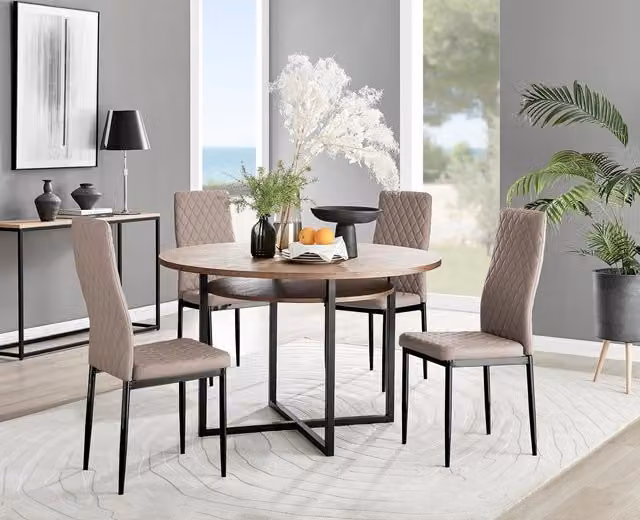 FurnitureboxUK Adley Brown Wood Round Dining Table with 4 Milan Beige Chairs and Black Legs – 1
