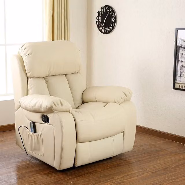 More4Homes Chester Cream Bonded Leather Manual Recliner Chair with Heat and Massage