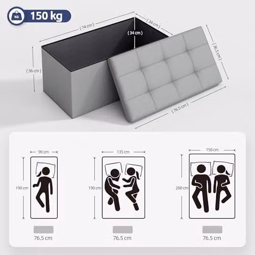 MCC Direct Rectangular Foldable Storage Ottoman Bench in Grey, W/D/H: 76 x 36 x 36 cm – 3