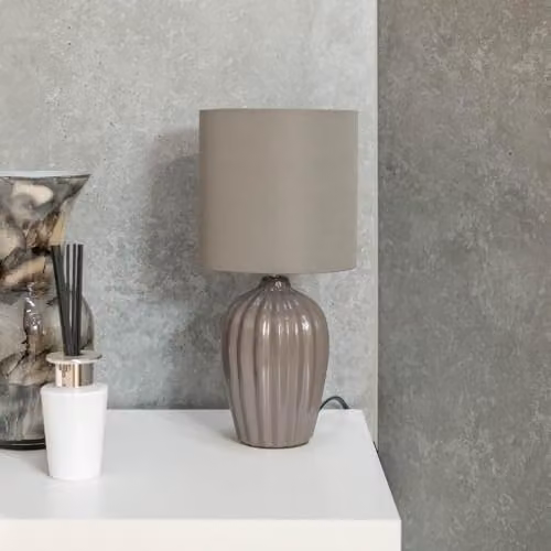 ValueLights Pair of Grey Fluted Ceramic Table Lamps with Fabric Shades and LED Bulbs – 2