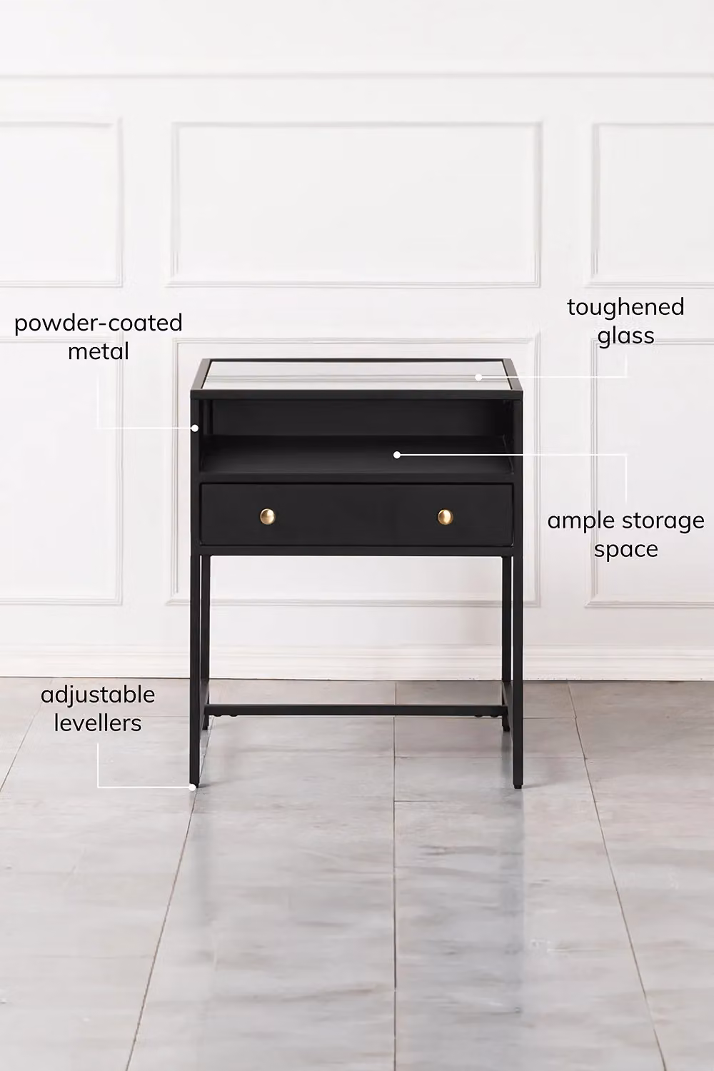MH London Hale Bedside Table with Drawer and Open Storage Shelf in Black and Gold Metal and Toughened Glass – 4