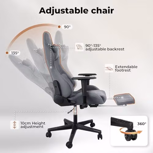 Levede Grey Fabric Gaming Chair for Adults with Headrest, Lumbar Support and Footrest – 9