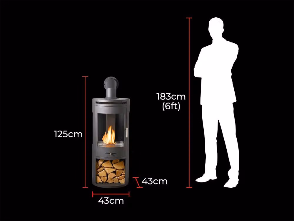 OKO S7 Bio Ethanol Panoramic Stove with Log Storage and Angled Metal Pipe in Dark Grey – 7