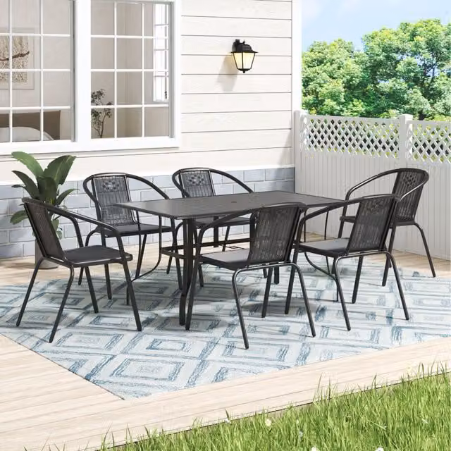 Komore Modern Black Metal Coffee Table and 6 Stackable Polyrattan Chairs Set, W: 150 cm