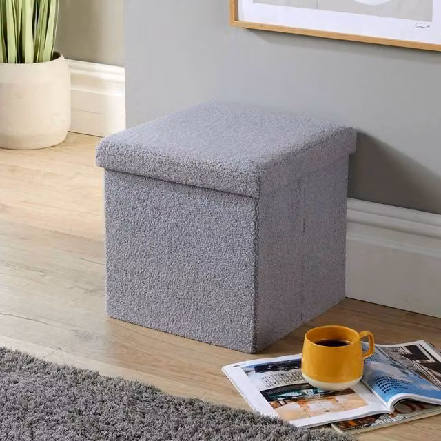 FORGEVIO Grey Boucle Fabric Folding Ottoman Chest W/D/H: 38 x 38 x 38 cm – 1