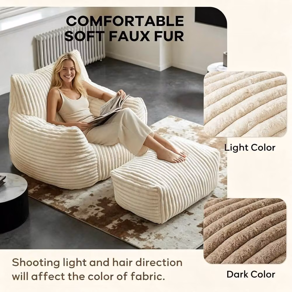 STILVORA Bean Bag Chair with Footrest in White Corduroy with Shredded Memory Foam Filling – 3