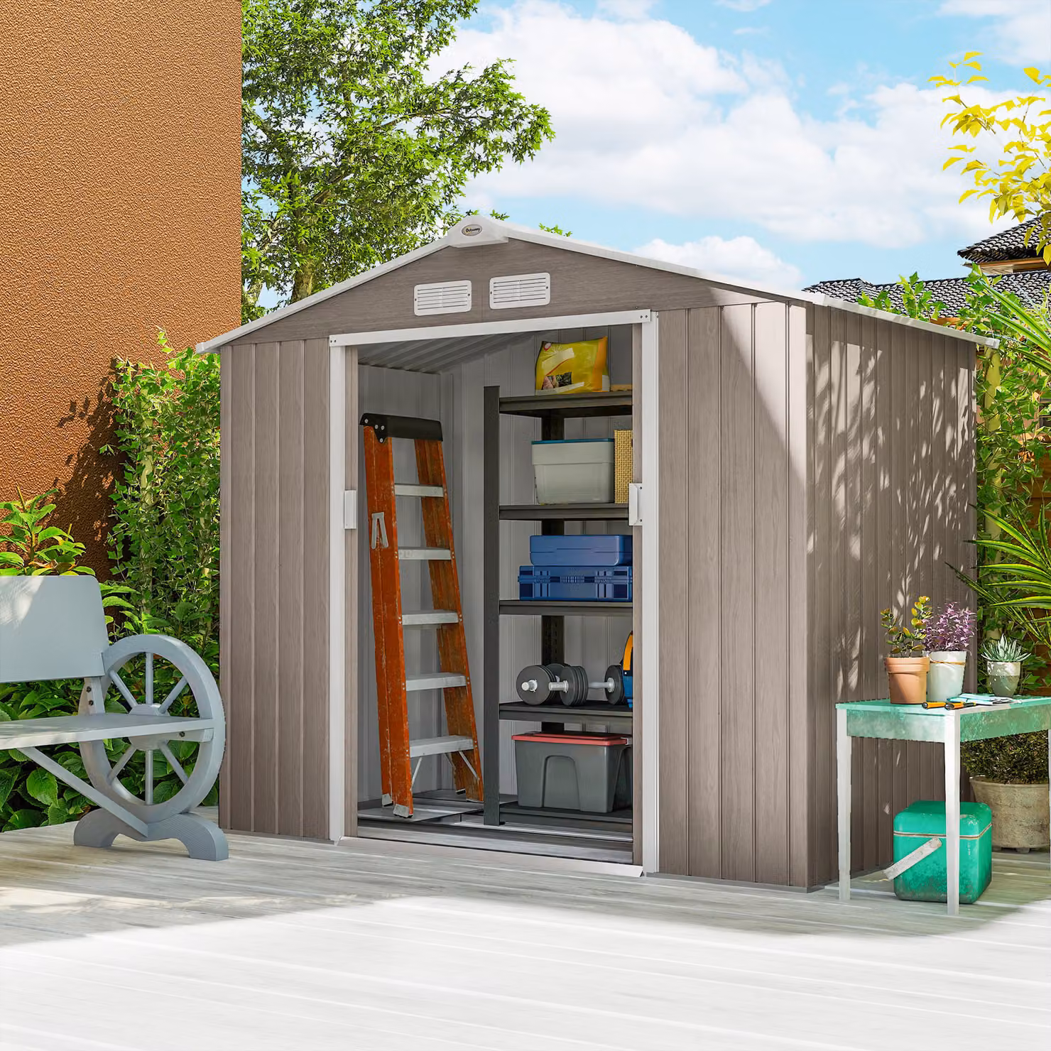 Outsunny Brown Metal Garden Shed with Lockable Double Doors and Floor Foundation, W: 213.36 cm, D: 121.92 cm, H: 119.0 cm – 2