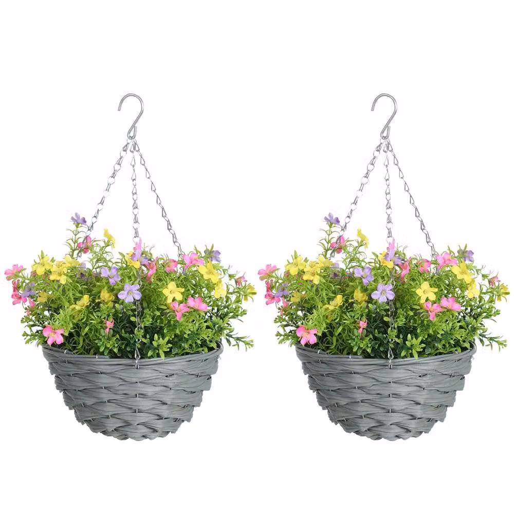 HOMCOM Set of 2 Multicolour Artificial Cosmos Flowers in Round Hanging Planter Baskets – 2