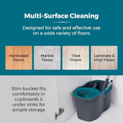 Tower Compact Spin Mop and Bucket Set with 2 Microfibre Refillable Heads, 4.5L Capacity, Anthracite and Petrol – 3