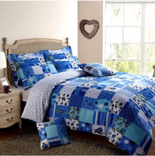 Velosso Stitch Trail Patchwork Cotton Rich Printed Duvet Cover and Pillowcase Set in Blue, W/D/H: 200 x 200 cm and 50 x 75 cm