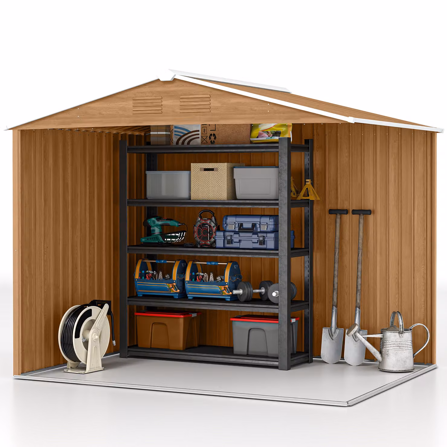 Outsunny Brown Galvanised Steel Metal Garden Storage Shed with Sloped Roof and Double Doors, W/D/H: 236 x 182.88 x 161 cm – 5