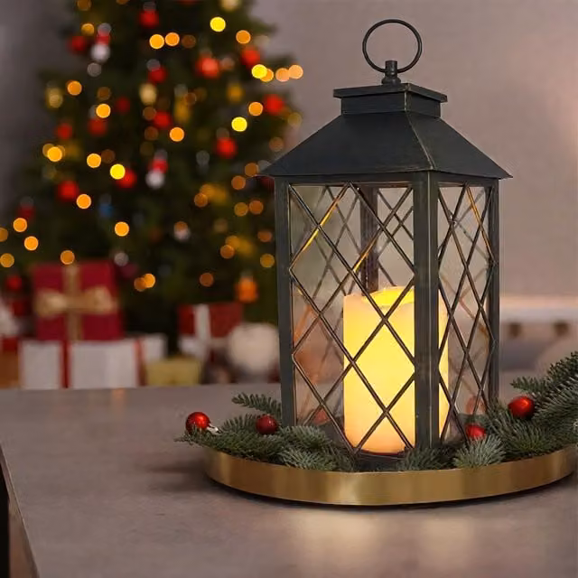 Bright Zeal Black and Gold Decorative Pillar Candle Lantern with Flicker Effect for Christmas Decorations – 1