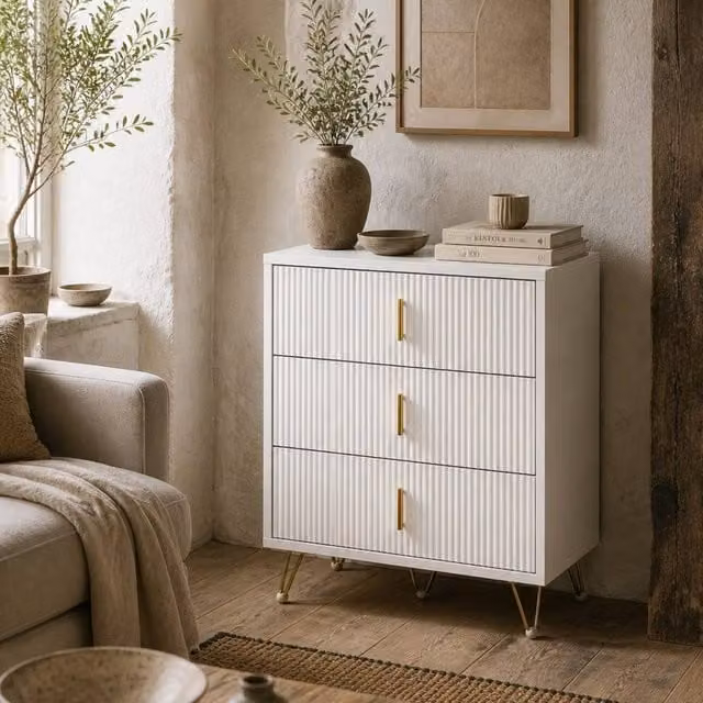 Wyld Haus Tempette White and Gold 3 Drawer Ribbed Chest, H 63.0 x W 40.0 x D 50.0 cm