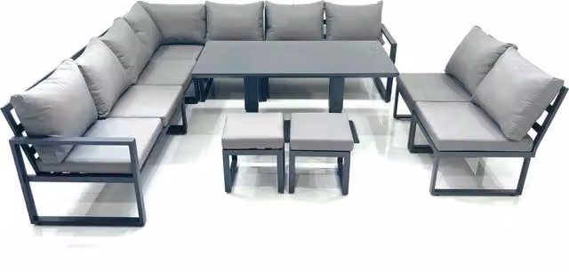 Fimous 11 Seater Outdoor Garden Furniture Set with Corner Sofa, 2 Footstools and Height Adjustable Dining Table in Dark Grey