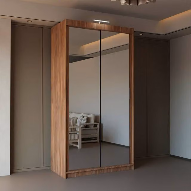 Sliding Wardrobes 4U Modern Mirror Sliding Wardrobe with Integrated LED Light, Brown, W: 90 cm, H: 200 cm