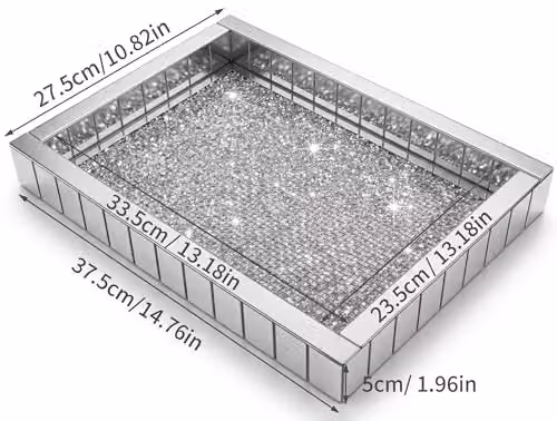 DEENZ Silver Rectangular Mirrored Border Tray with Crushed Crystal Diamante Decor, W/D/H: 37.5 x 27.5 x 5 cm – 3