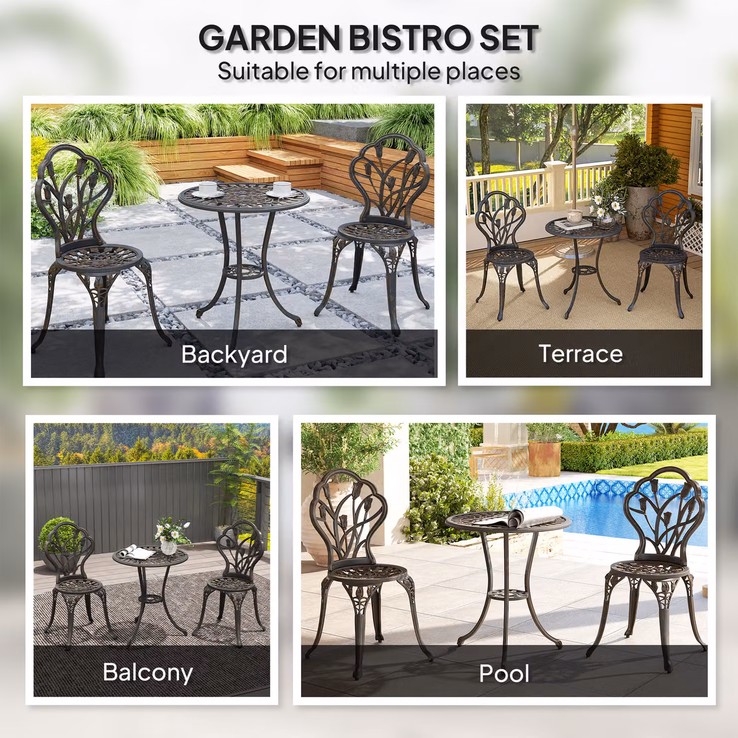 Outsunny 3 Piece Bronze Tone Aluminium Patio Bistro Set for 2 with Round Table and Umbrella Hole – 5