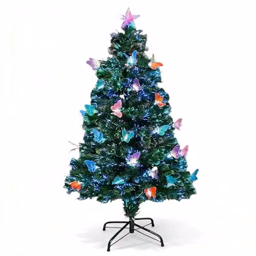Shatchi 150 cm Green Fibre Optic Christmas Tree with Multicolour LED Butterfly Decorations and Star Topper