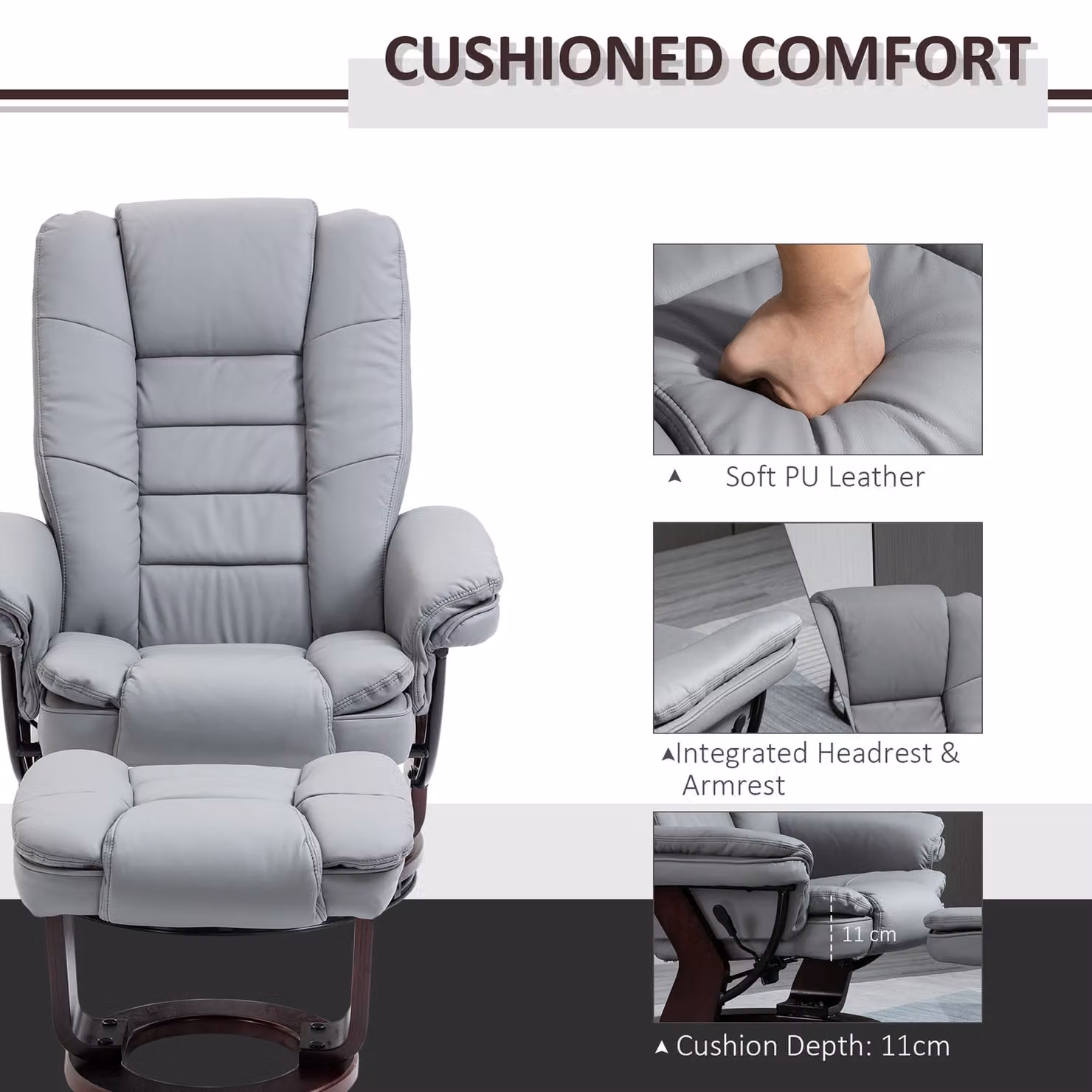 HOMCOM Grey Recliner Armchair with Footstool, 360 Degree Swivel and 135 Degree Recline, 130kg Capacity – 6