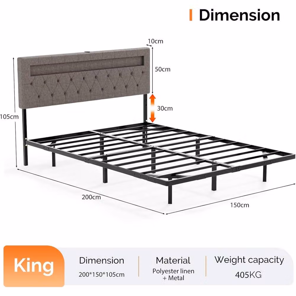 Kelvenix King Floating Bed Frame in Grey Metal with Under-Bed Lighting, W/D/H: 180 x 200 cm – 2