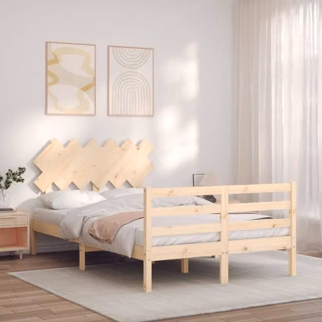 Berkfield Home Beautiful Small Double Bed Frame with Headboard in Natural Solid Pine, W/D/H: 120 x 200 x 81 cm