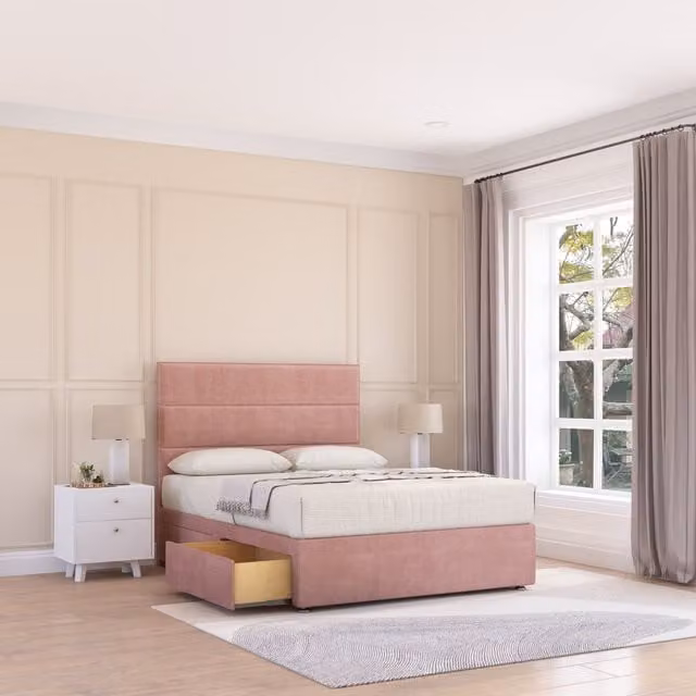 Sloomy Texas Upholstered Divan Bed Base with 4 Drawers and Floor Standing Headboard, Pink, W/D/H: 140 x 200 cm