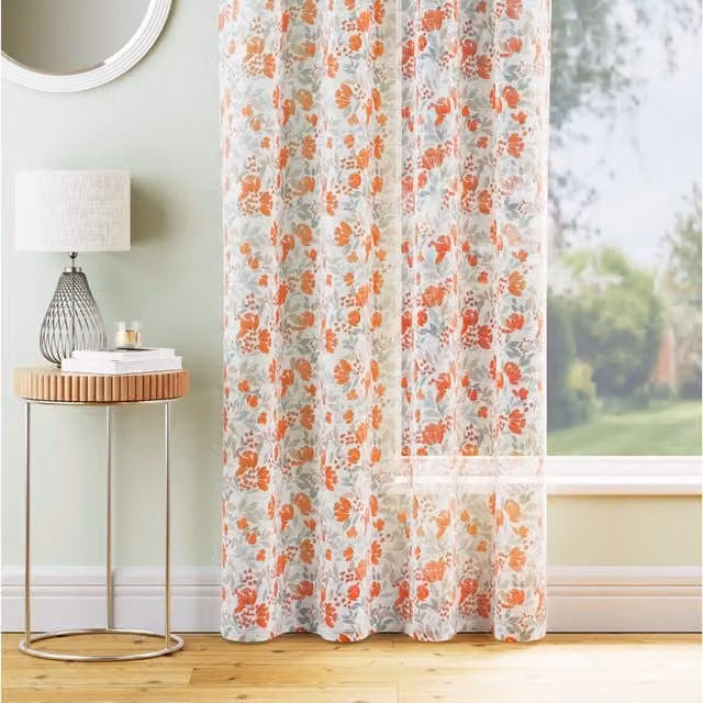 Tyrone Textiles Mia Burnt Orange Floral Sheer Voile Curtain Panel, Rod Pocket, Width: 140 cm, Drop: 137 cm