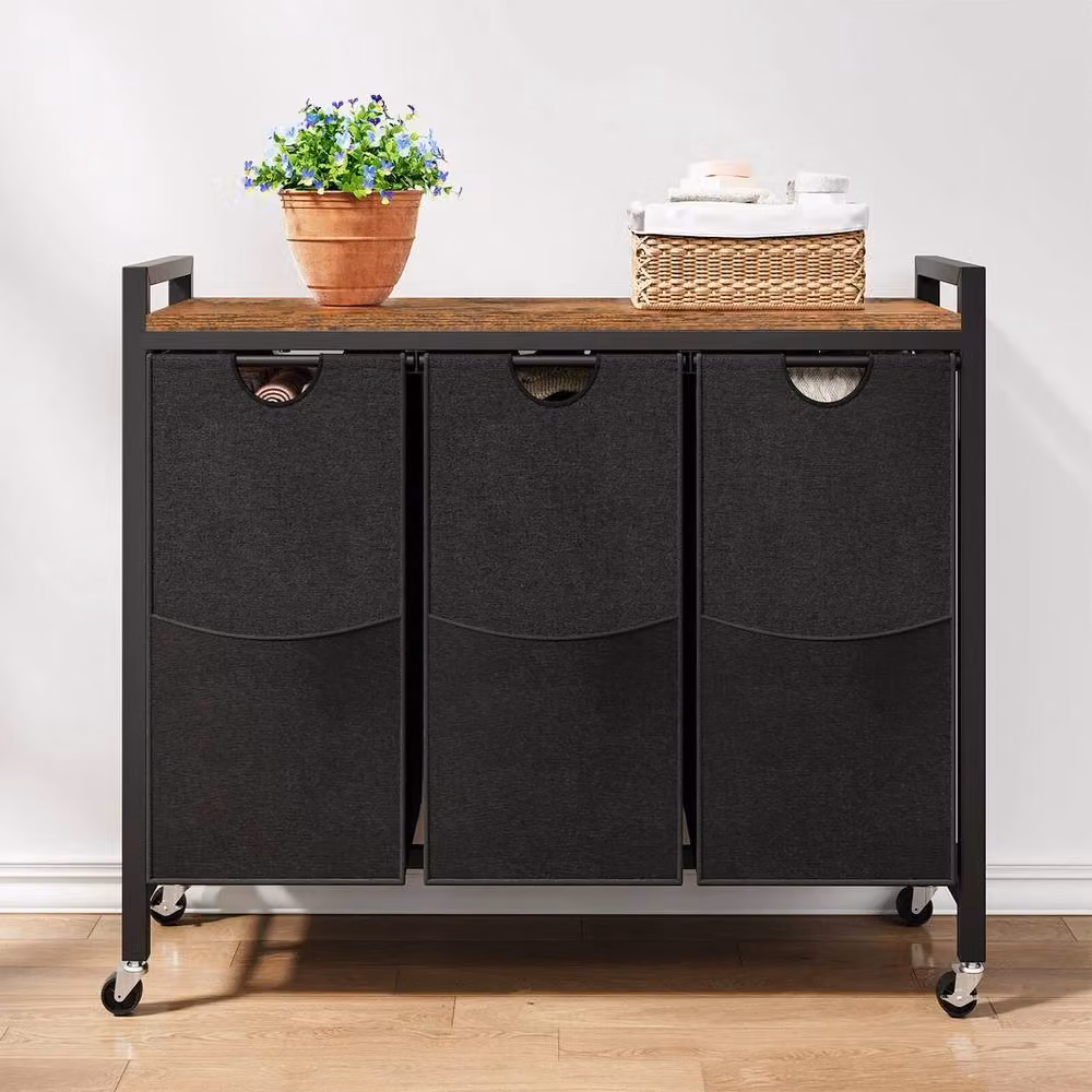 NESTLUNE 3-Compartment Laundry Sorter Basket with Removable Bags in Black – 3