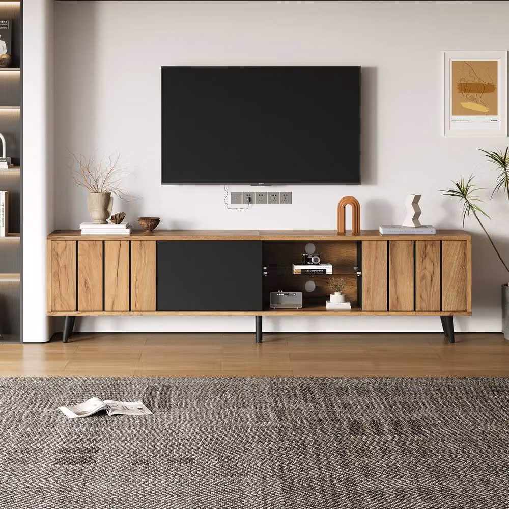Rolipo Modern Wood and Glass TV Stand in Brown and Black, W: 175 cm – 4