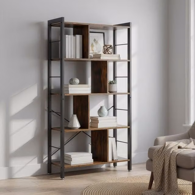VASAGLE Industrial 5-Tier Bookshelf in Bronze, Brown and Black, H 154.5 x W 74 x D 30 cm