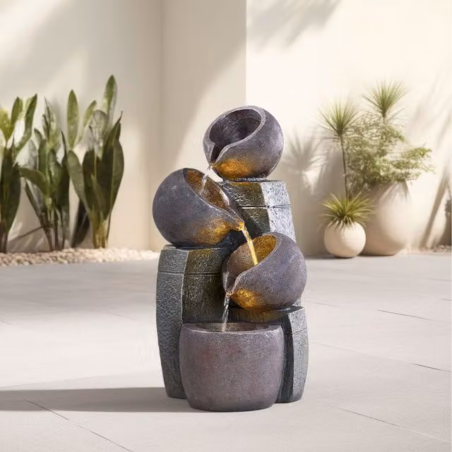 Lifeideas Modern Round Solar Tabletop Fountain in Grey, Diameter: 23 cm