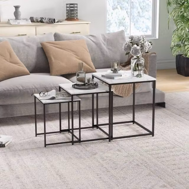 STILVORA Nest of 3 Modern Side Tables with White Marble Effect Tops – 1