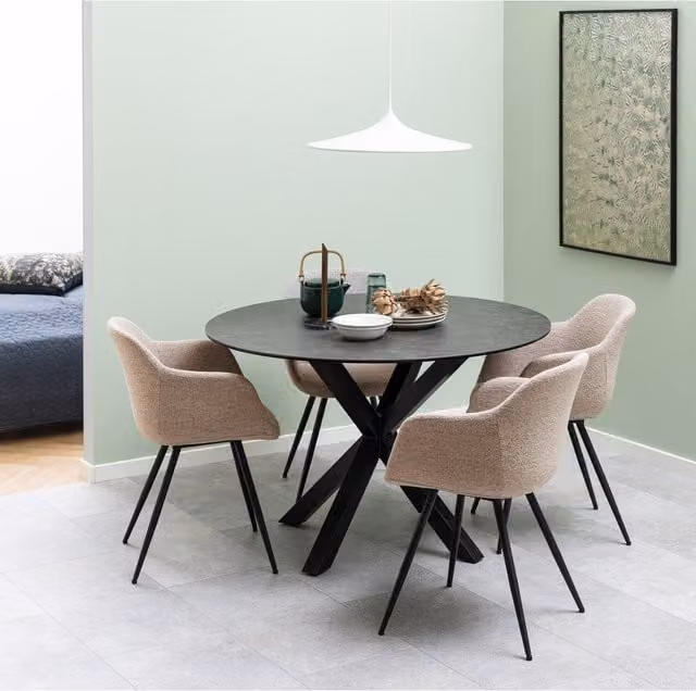 Furniture To Go Heaven Round Ceramic Dining Table in Black with Matt Stone Finish and X-Frame Metal Base