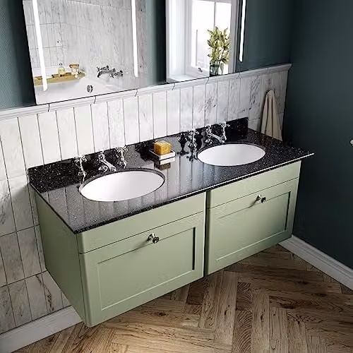 nuie Classique Traditional Wall Hung Bathroom Vanity Unit with 2 Drawers, 3 Tap Hole Marble Top and Round Basin, Satin Green and Black, W: 120 cm, D: 47 cm, H: 50.9 cm – 2