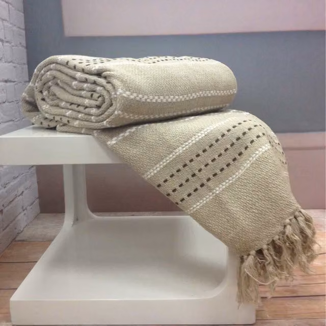 Rapport Home Stitch Stripe Woven Cotton Throw with Fringes in Beige and Yellow, W/D: 254 x 254 cm
