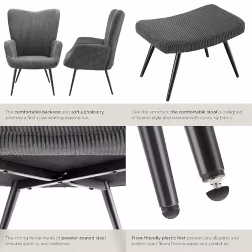 tectake Scandinavian Style Armchair with Footstool in Anthracite and Black Corduroy Fabric, W/D/H: 76.0 x 72.0 x 100.5 cm – 7