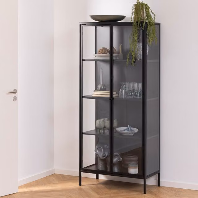 Furniture To Go Newcastle Tall 2 Door Display Cabinet in Matt Black with Glass Doors