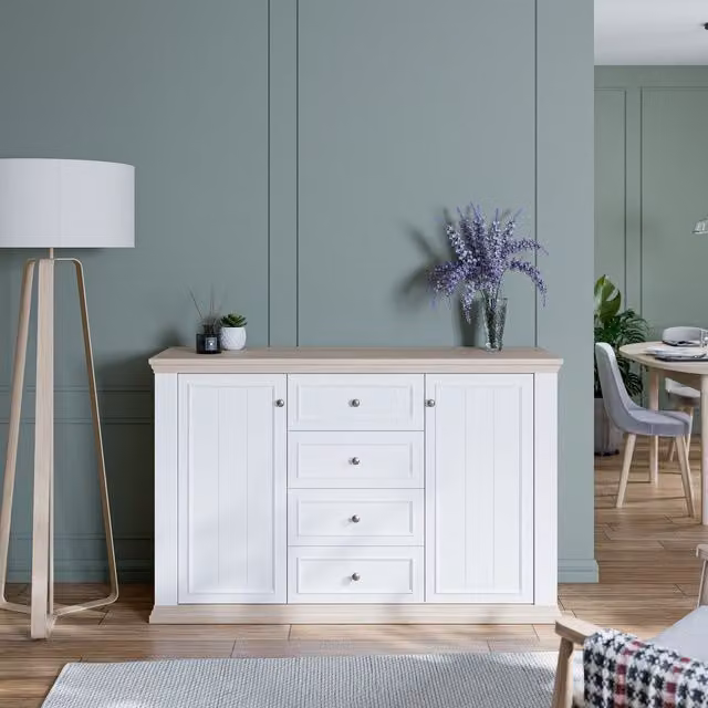 Furniture To Go Pontypool 4 Drawer and 2 Door Sideboard in White and Riva Oak