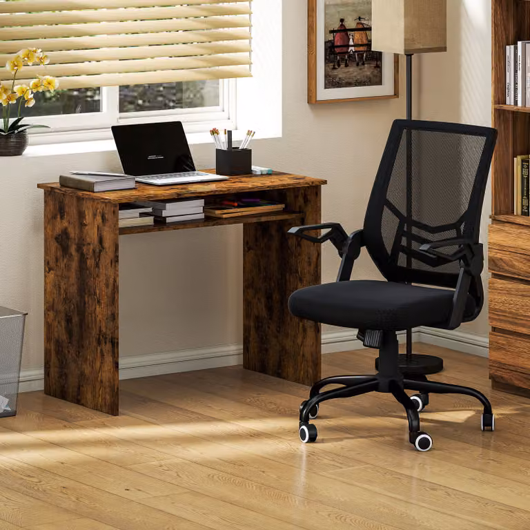 HOMCOM Modern Home Office Furniture Set featuring Computer Desk with Storage Shelf and Ergonomic Mesh Chair in Rustic Brown and Black
